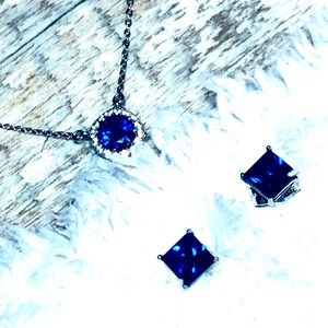 Silver and blue sapphire necklace and earrings set